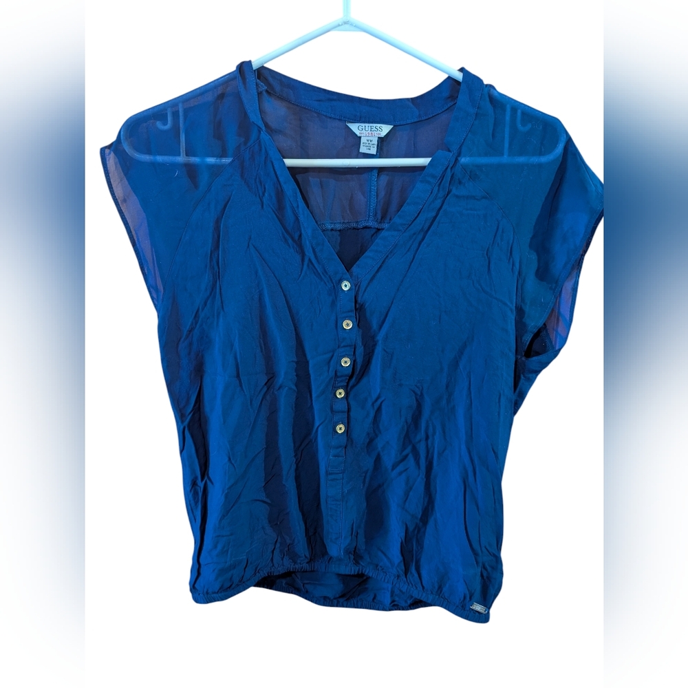 2/22$ GUESS Women's Blue Sheer Button-Down Top